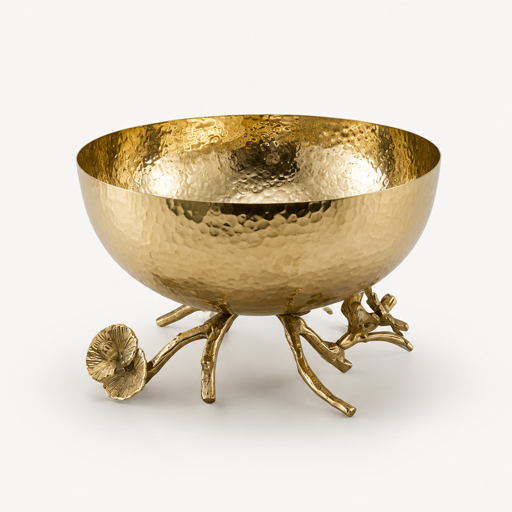 Gold Çekiç Dokulu Dal ve Çiçek Ayaklı Dekoratif Kase