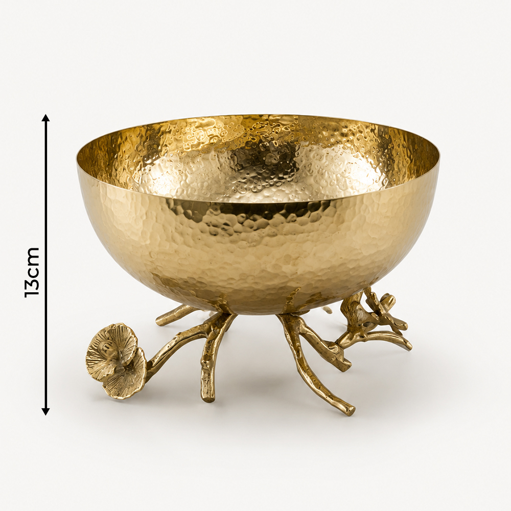 Gold Çekiç Dokulu Dal ve Çiçek Ayaklı Dekoratif Kase