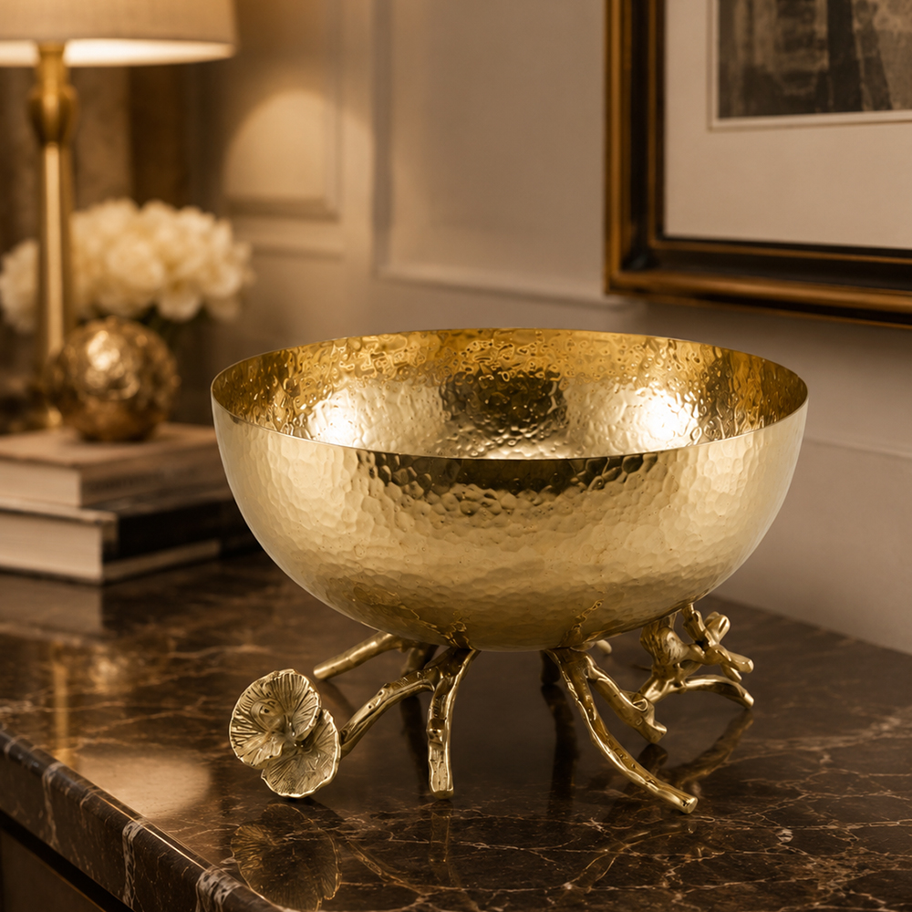 Gold Çekiç Dokulu Dal ve Çiçek Ayaklı Dekoratif Kase